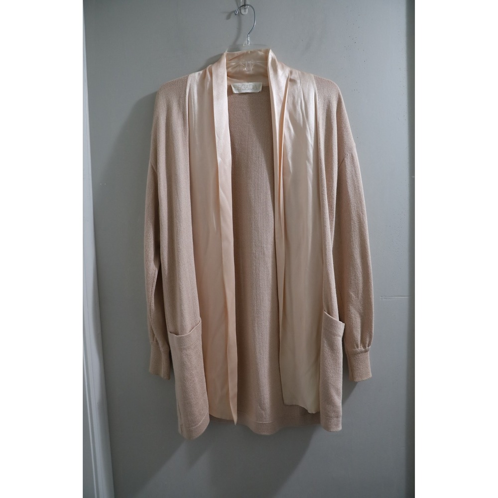 Escada Knit Cardigan Sweater Silk Trim Beige Long Sleeve Pockets Size 34